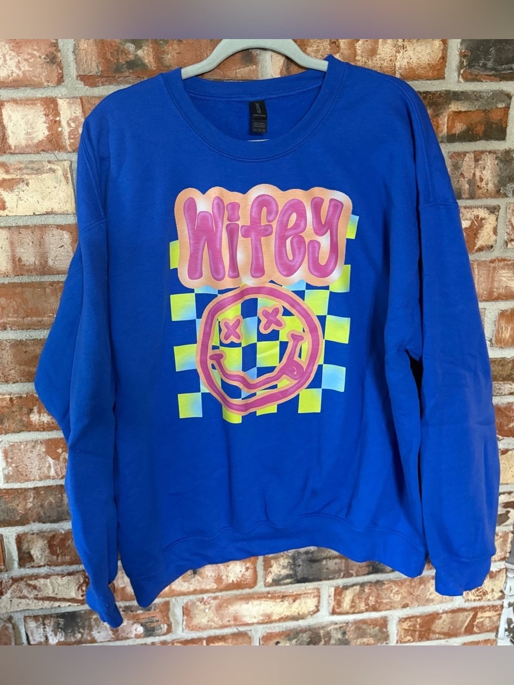 Gildan Royal Blue 'Wifey' Graphic Sweatshirt with Neon Pink and Yellow Print